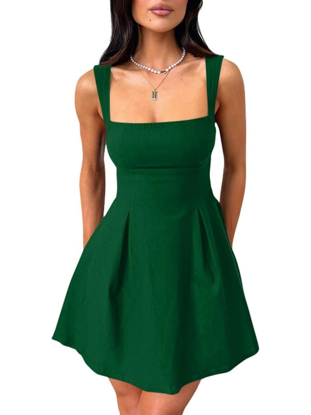 Women's Sleeveless Square Neck Green Strap Bow Tie A-line Mini Party Club Dress